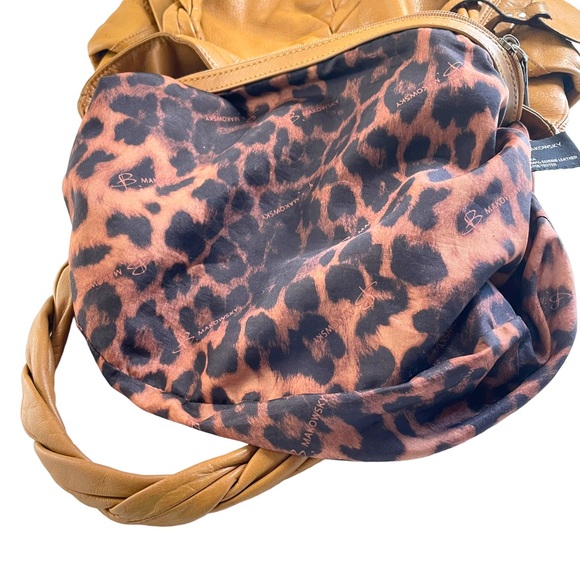 B. Makowsky Camel Leather Hobo w/ Braided Handle Magnetic Closure Leopard Lining - Picture 13 of 15
